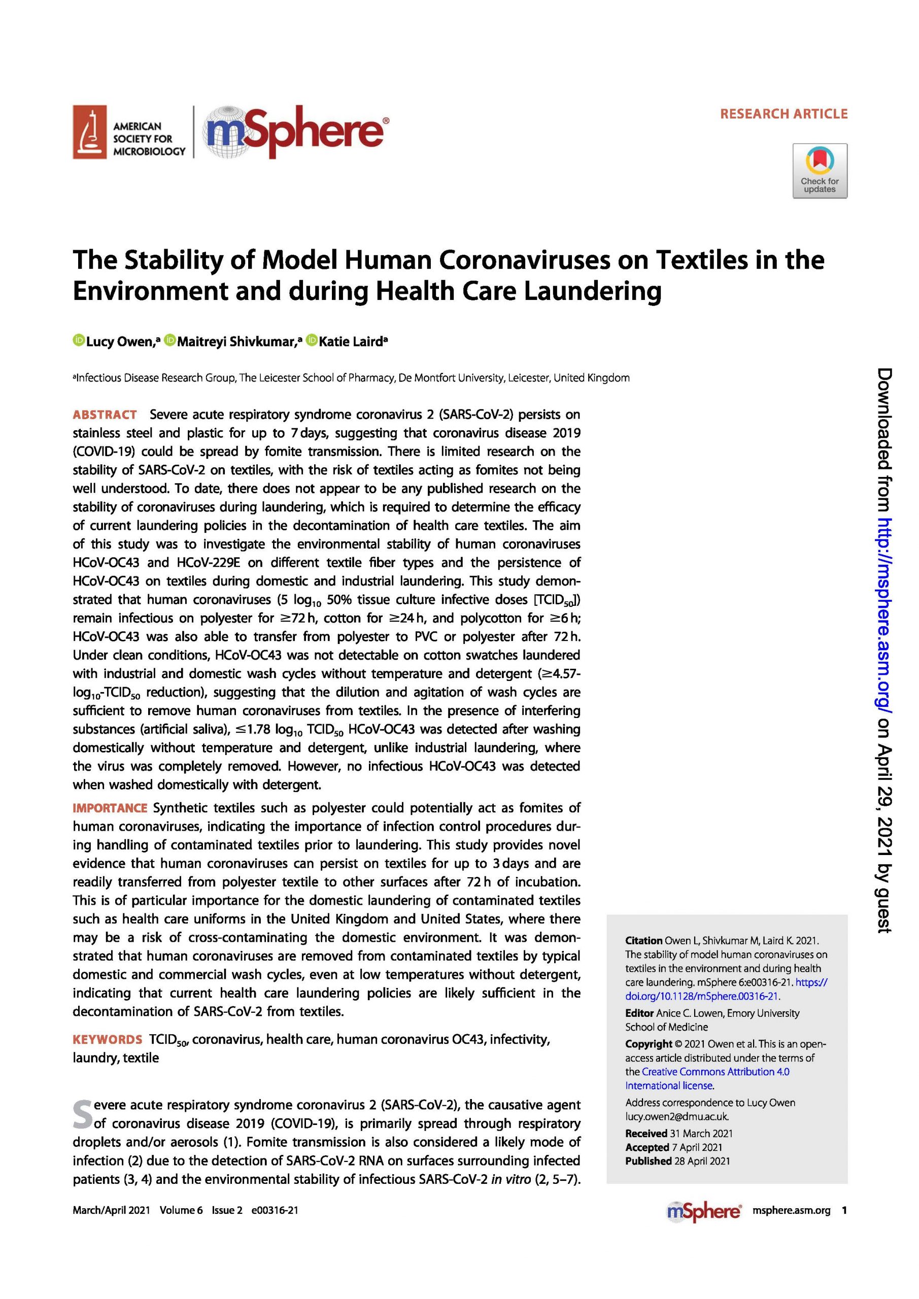 The Stability of Model Human Coronaviruses on Textiles in the Environment and during Health Care Laundering