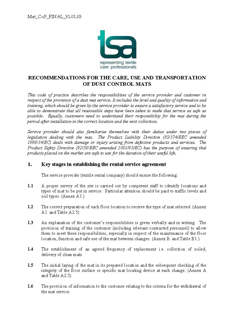 Dust Mats - Guidelines for Care, Use and Transportation